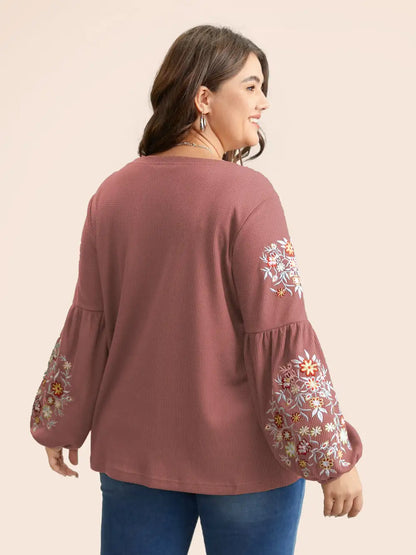 Waffle Knit Floral Embroidered Lantern Sleeve T-Shirt