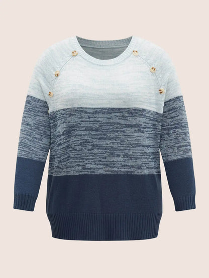 Colorblock Contrast Heather Button Detail Pullover
