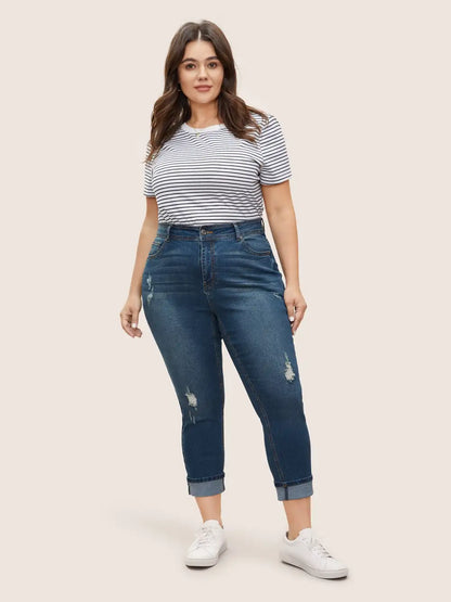 Roll Hem Ripped Pocket Straight Leg Cropped Jeans