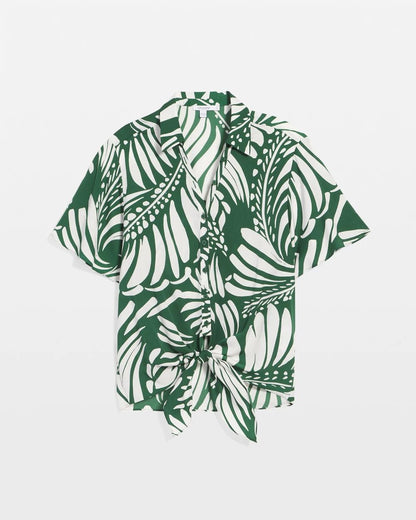 Palm Print Tie-Front Silky Top