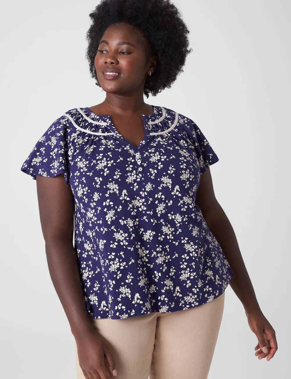 Notch-Neck Shirred-Yoke Top
