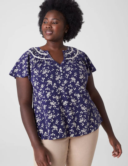 Notch-Neck Shirred-Yoke Top