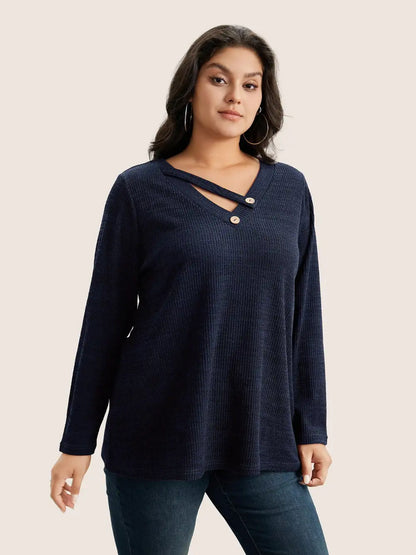 Solid Rib Knit Button Detail T-Shirt