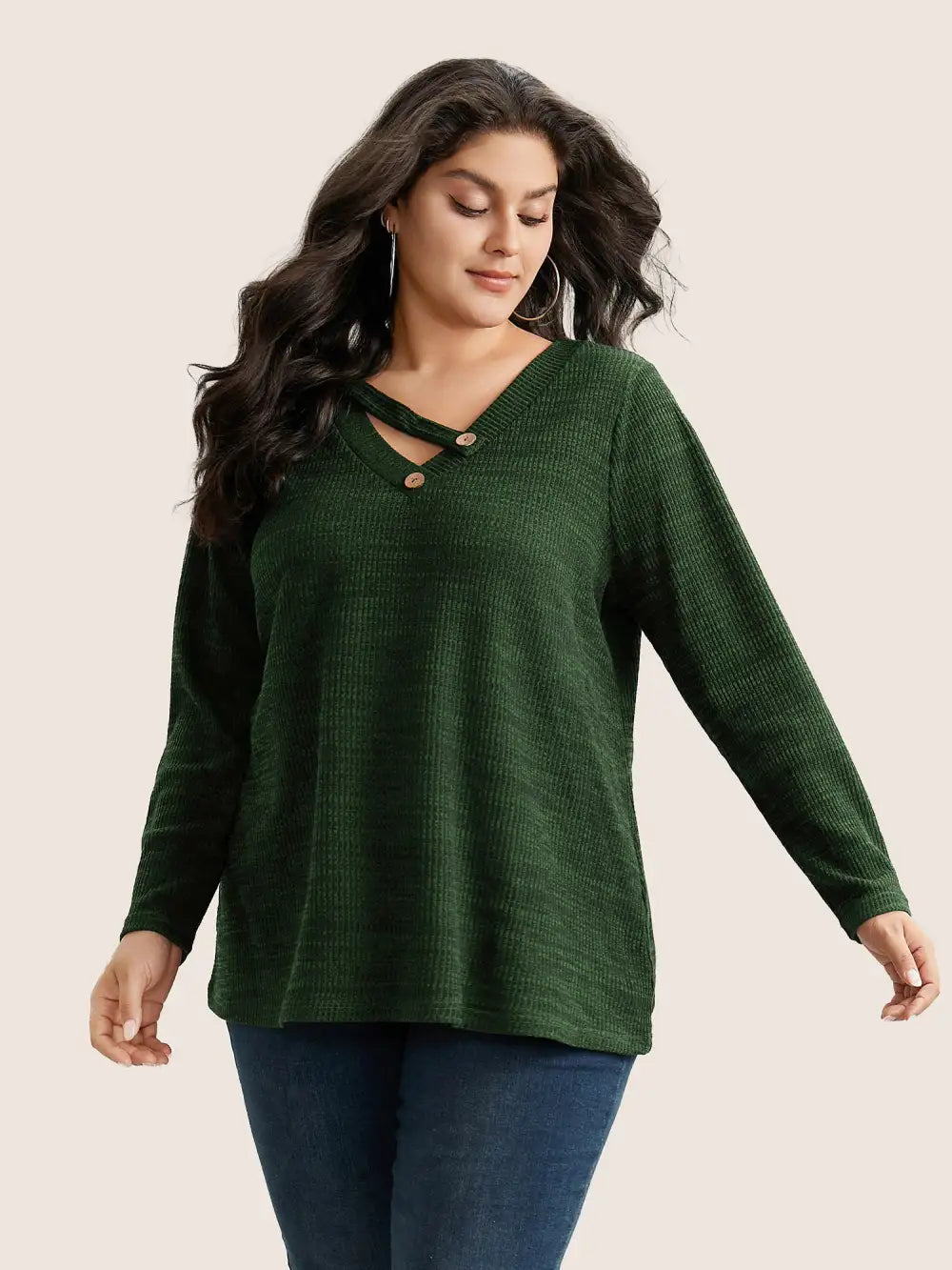 Solid Rib Knit Button Detail T-Shirt