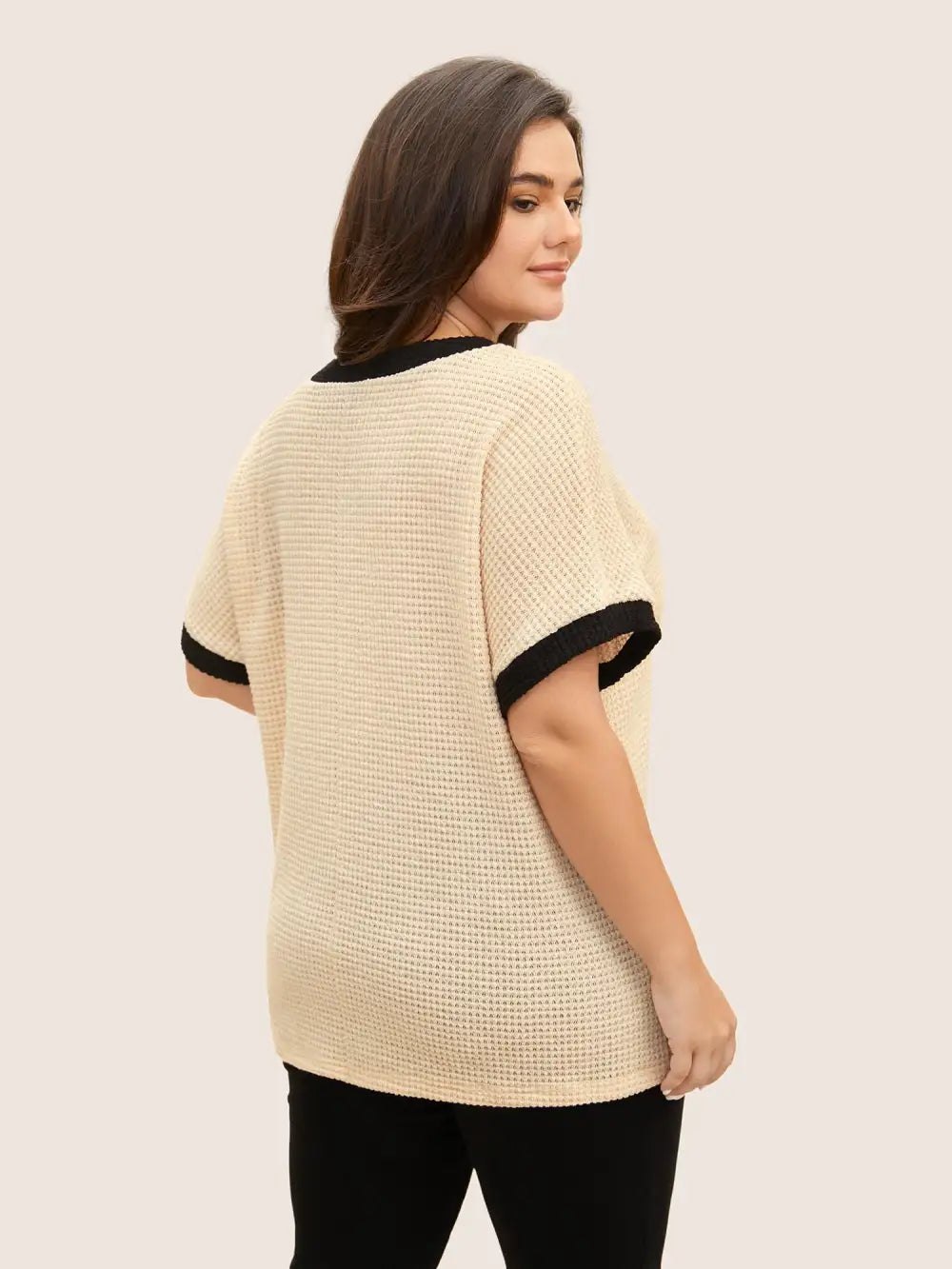 V Neck Contrast Button Detail Knit T-Shirt
