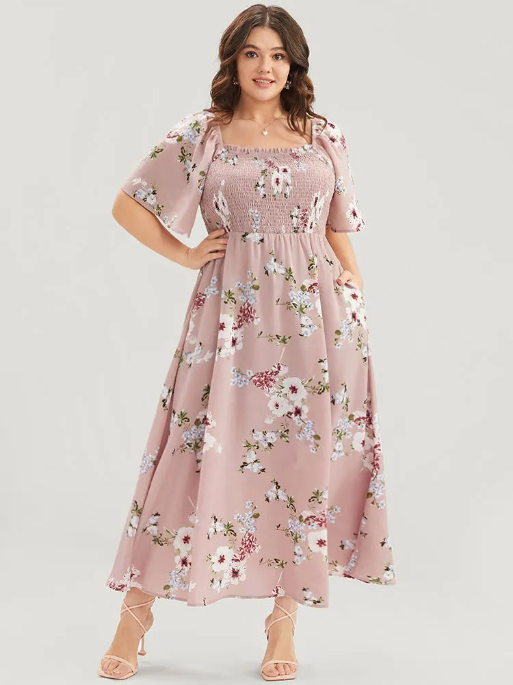 Floral Square Neck Ruffles Pocket Shirred Split Dress