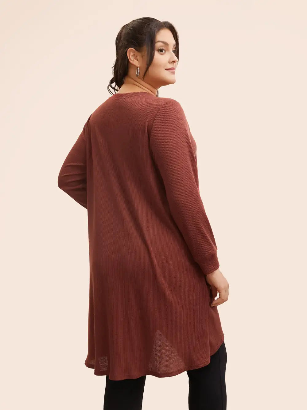 Solid Waffle Knit Overlap Hem T-Shirt