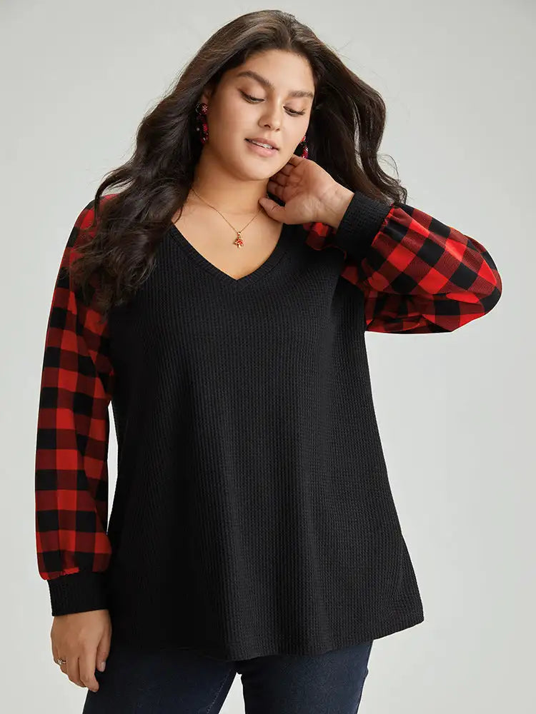 Waffle Knit Plaid Patchwork Raglan Sleeve T-Shirt