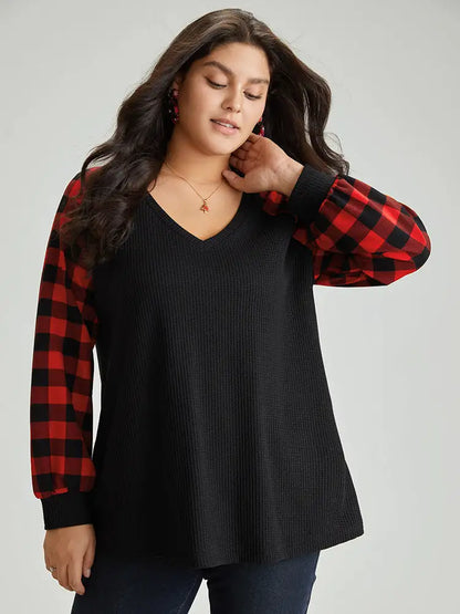 Waffle Knit Plaid Patchwork Raglan Sleeve T-Shirt