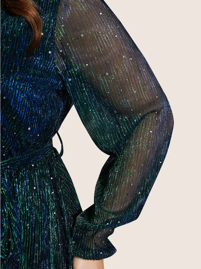 Sequin Mesh Lantern Sleeve Wrap Belted Striped Blouse