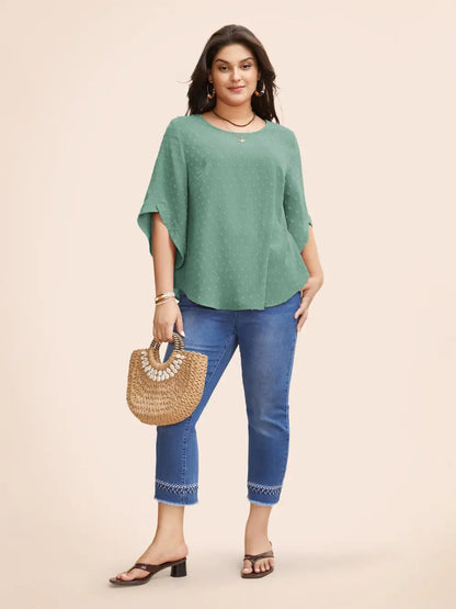 Textured Round Neck Bell Sleeve Blouse