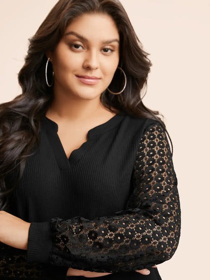 Notched Crochet Lace Mesh T-Shirt