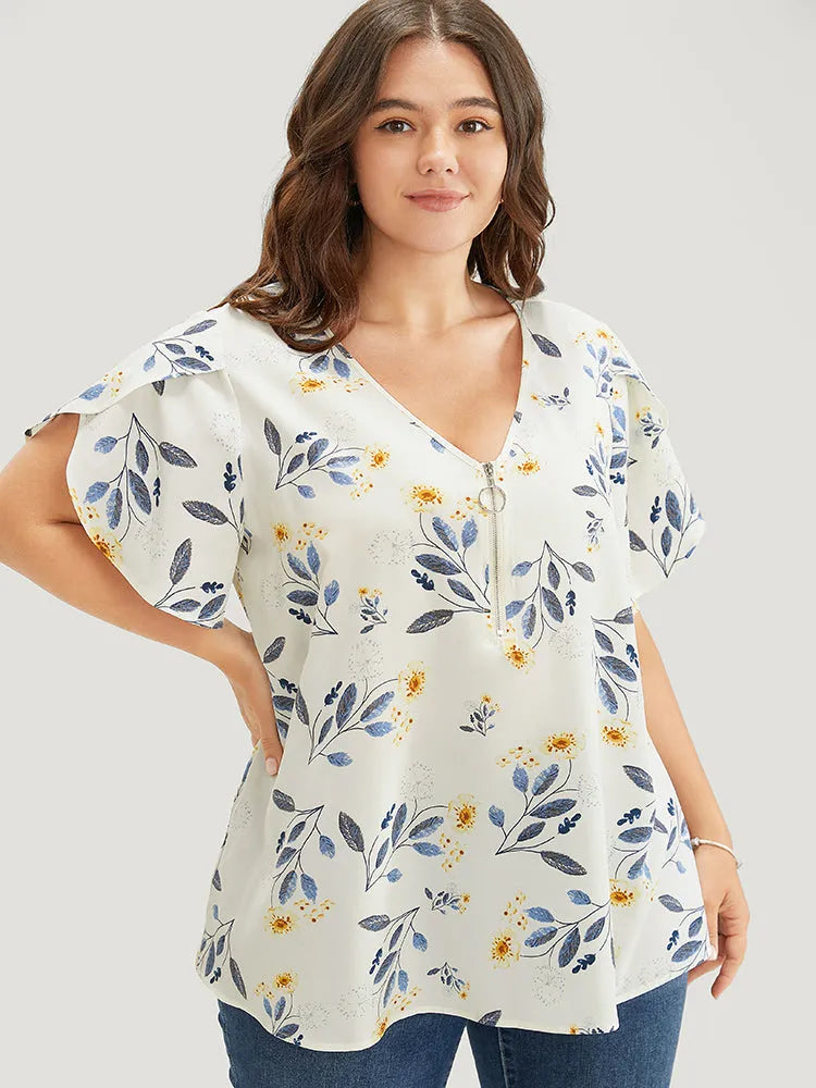 Floral O Ring Zipper Split Petal Sleeve Blouse