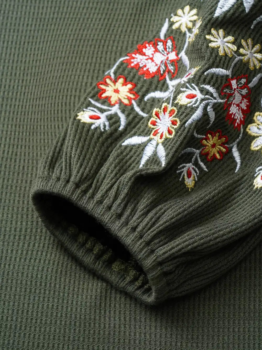 Waffle Knit Floral Embroidered Lantern Sleeve T-Shirt