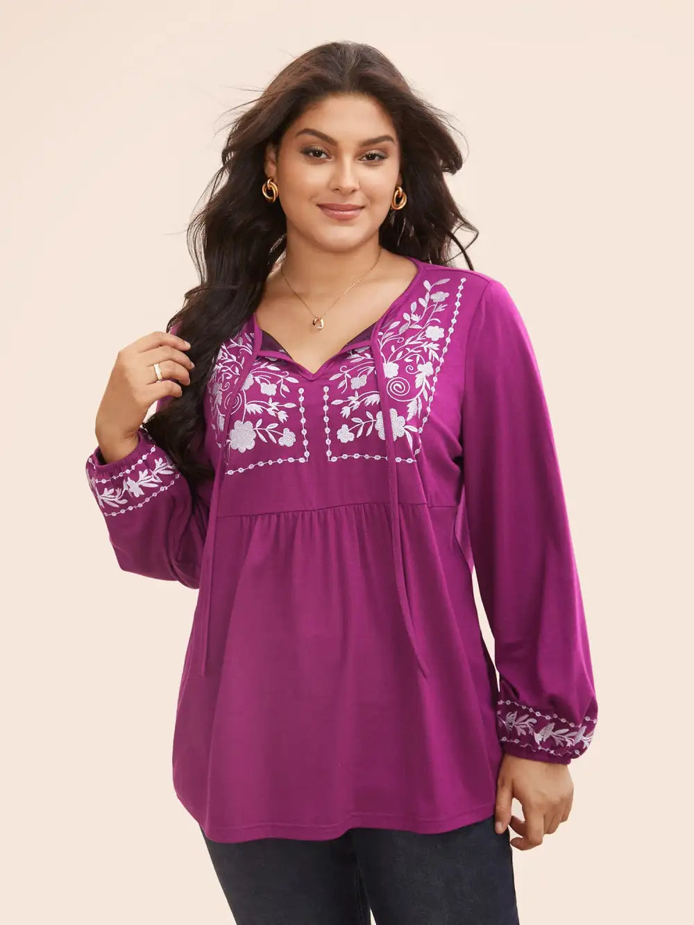 Floral Embroidered Knot Neck Lantern Sleeve T-Shirt