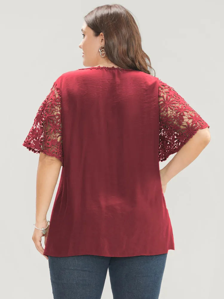 Plain V Neck Floral Patchwork Blouse