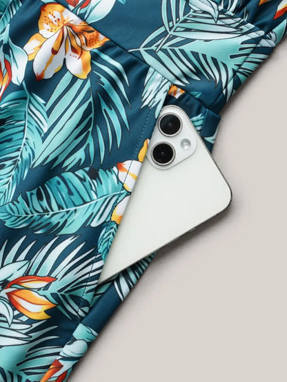 Tropical Flower Print Pockets One-Piece Swimsuit