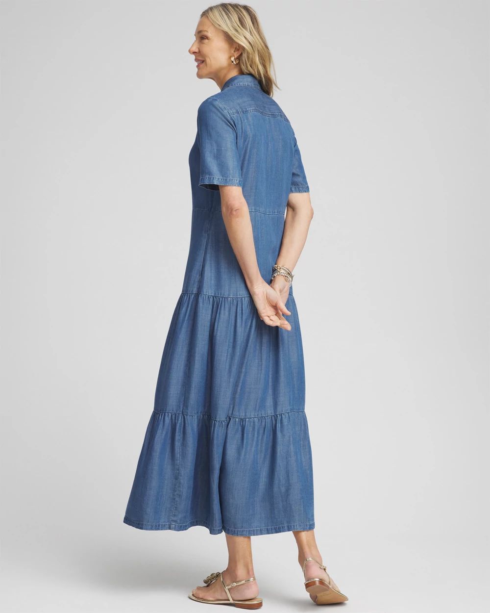 Faux Denim Tiered Shirt Dress