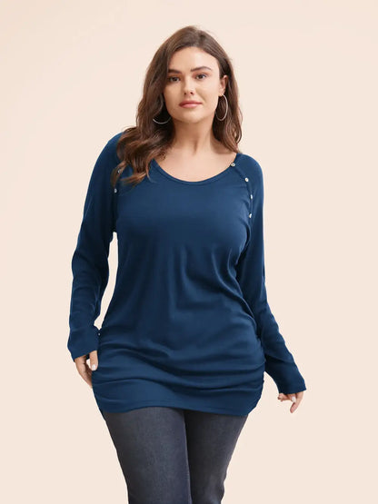 Plain Gathered Button Detail T-Shirt