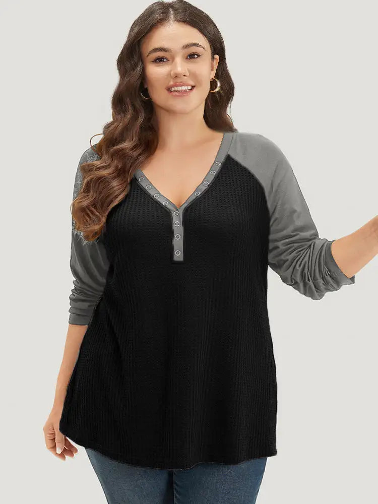 Waffle Knit Raglan Sleeve Metal Buckle Detail T-Shirt