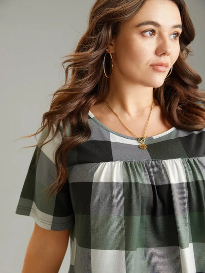 Plaid Round Neck Gathered T-Shirt