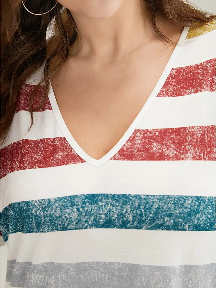 Striped Contrast Arc Hem V Neck Pocket Dress