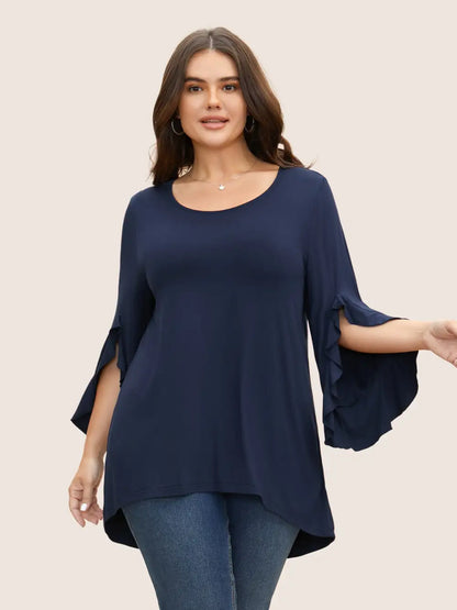Solid Ruffle Sleeve High Low Hem T-Shirt
