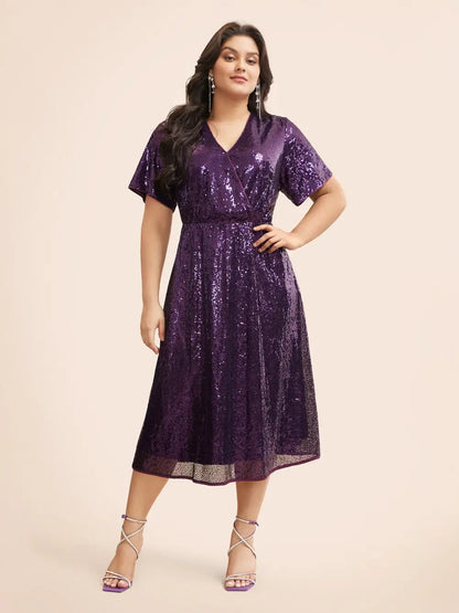 Sequin Overlap Collar Ruffle Sleeve Dress