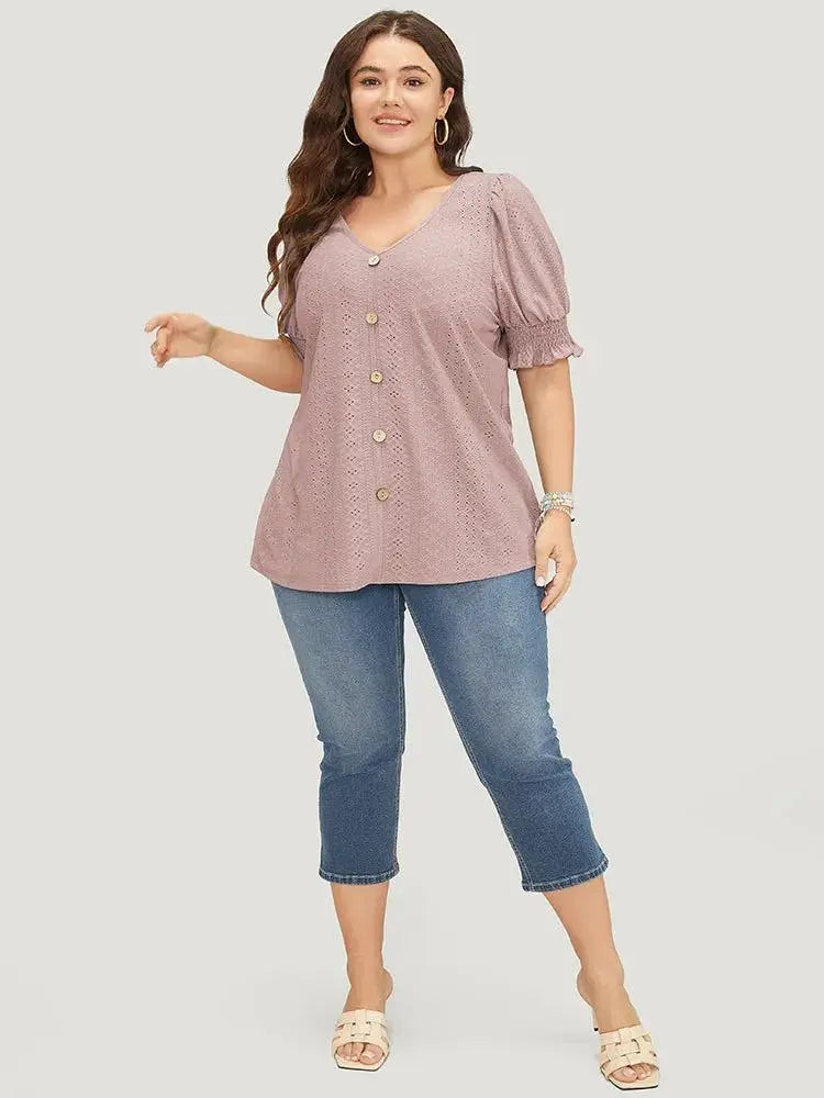 Plain Broderie Anglaise Shirred Puff Sleeve Button Detail T-shirt