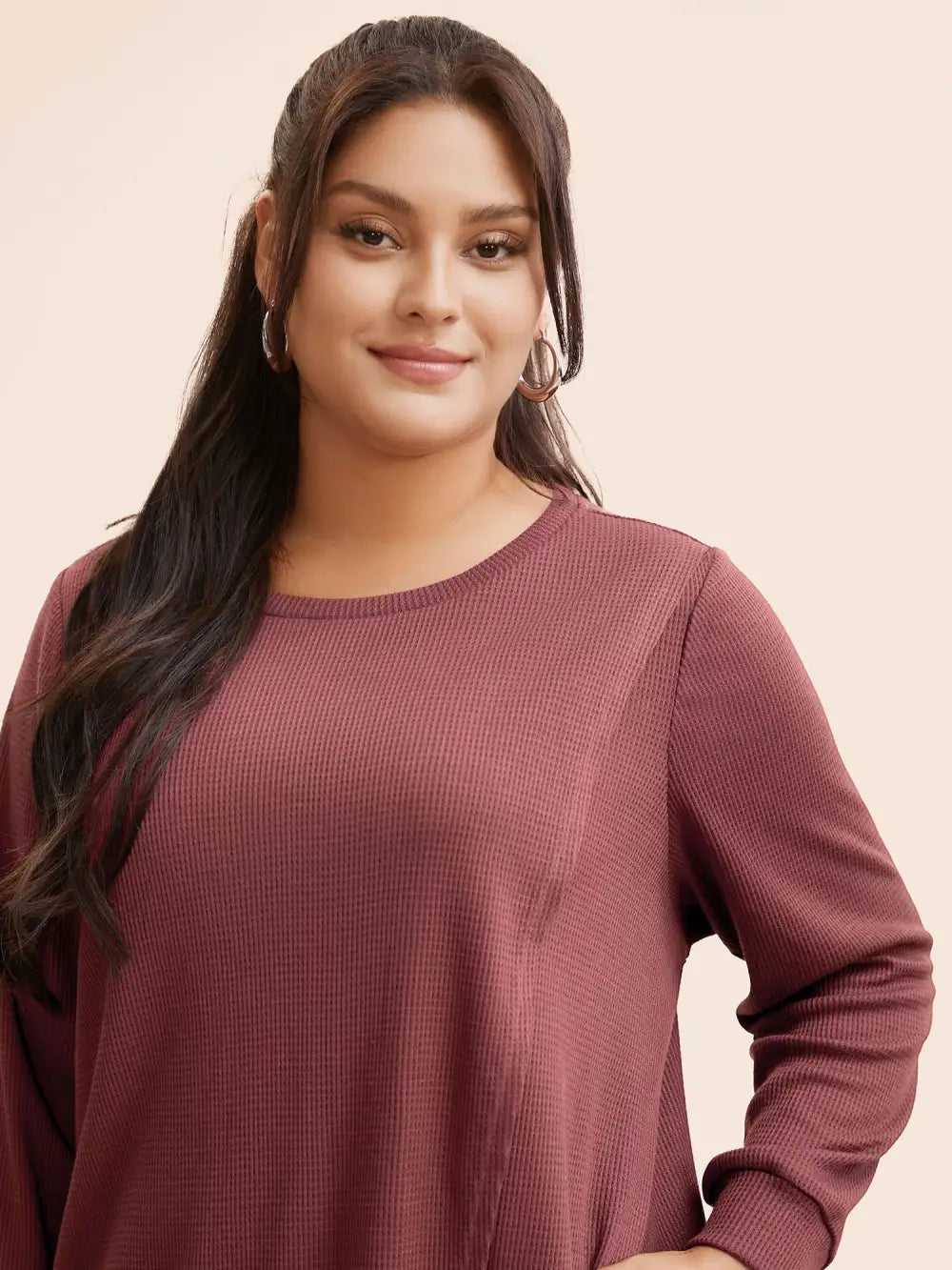 Solid Waffle Knit Overlap Hem T-Shirt
