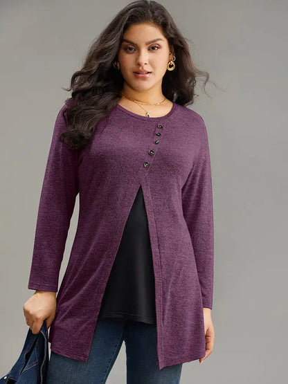 Contrast Patchwork Crew Neck Button Detail T-Shirt