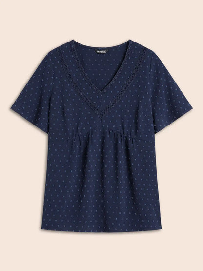 Polka Dot Frill Trim V Neck Flutter Blouse