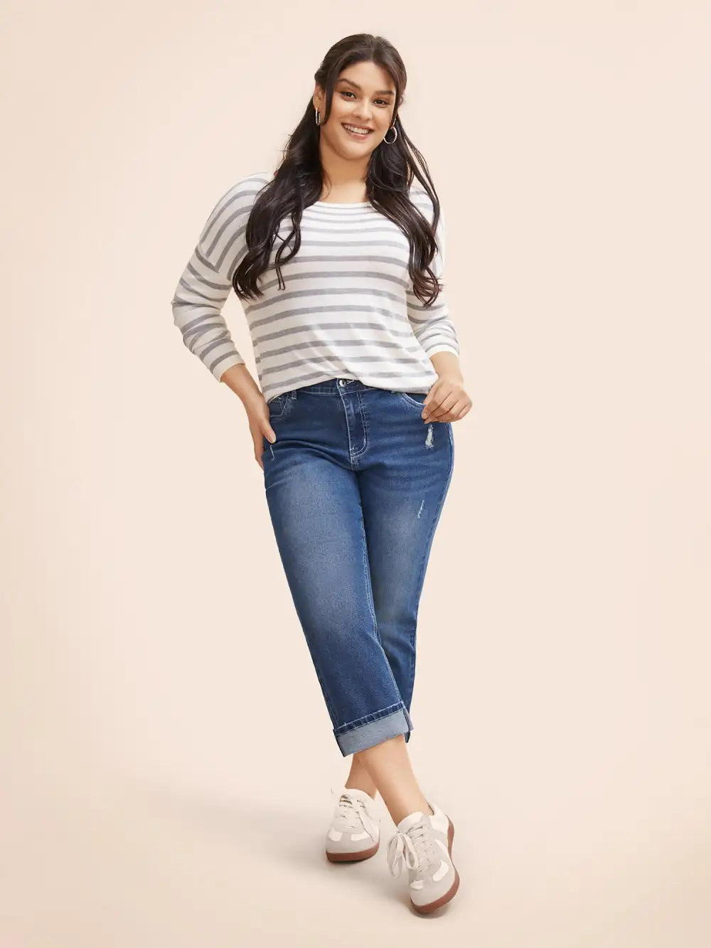 Folded Hem Rip Back Elastic Waist Jeans