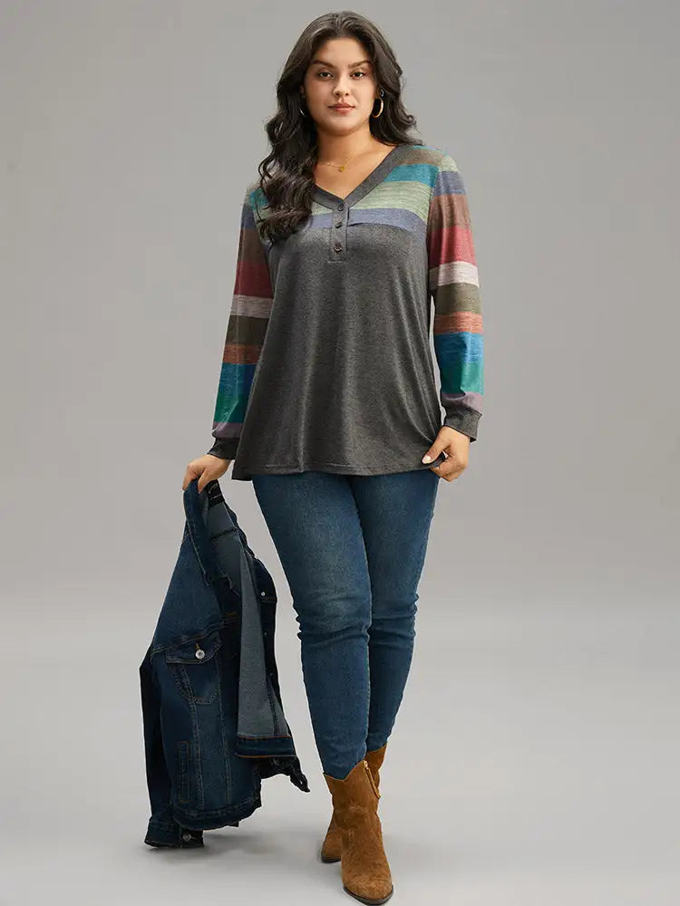 Colorblock Contrast V Neck Button Up T-Shirt