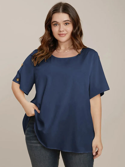 Plain Round Neck Button Detail Blouse
