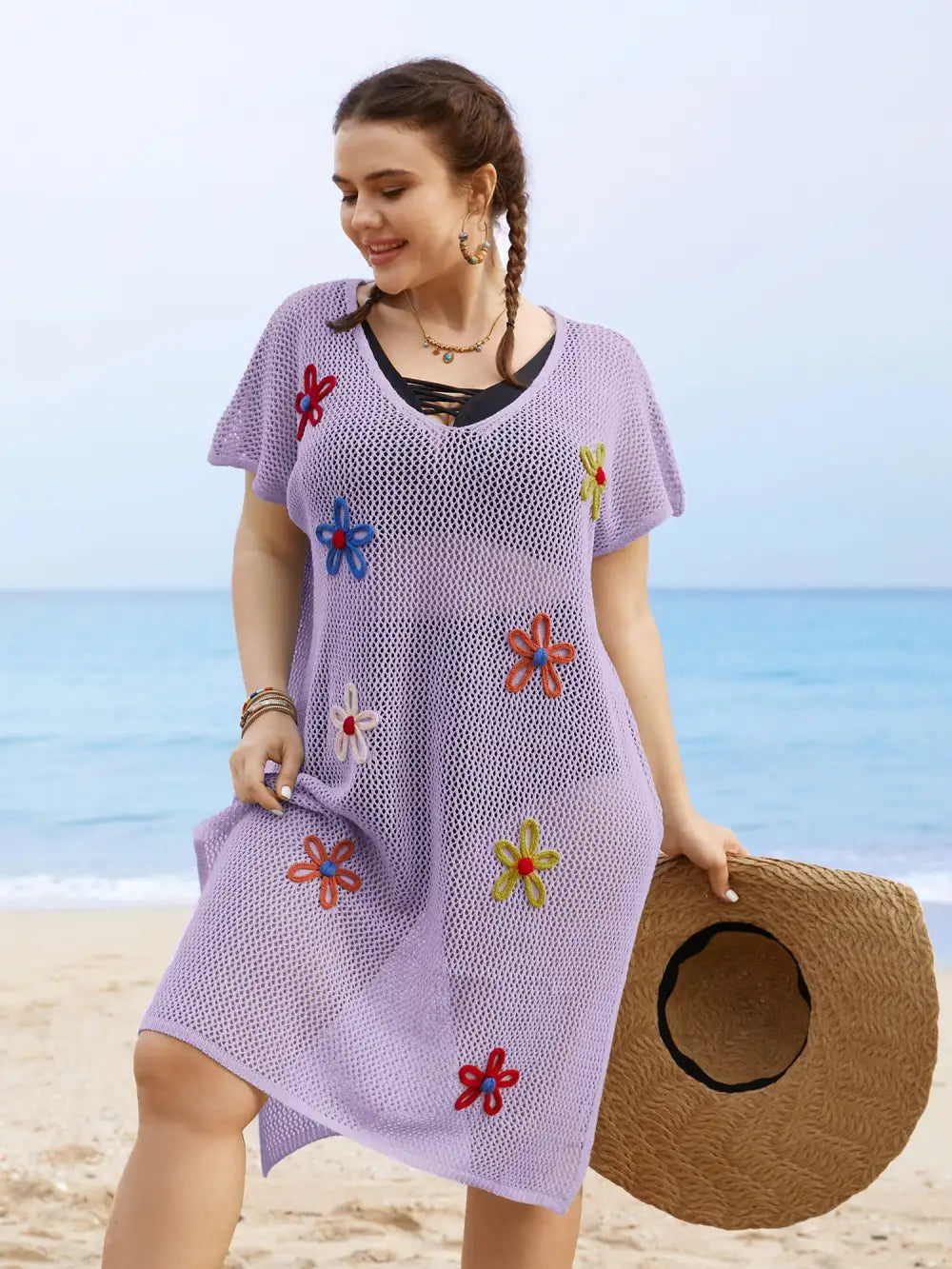 Stereo Flower Design Slit Hem Swim Cover Up