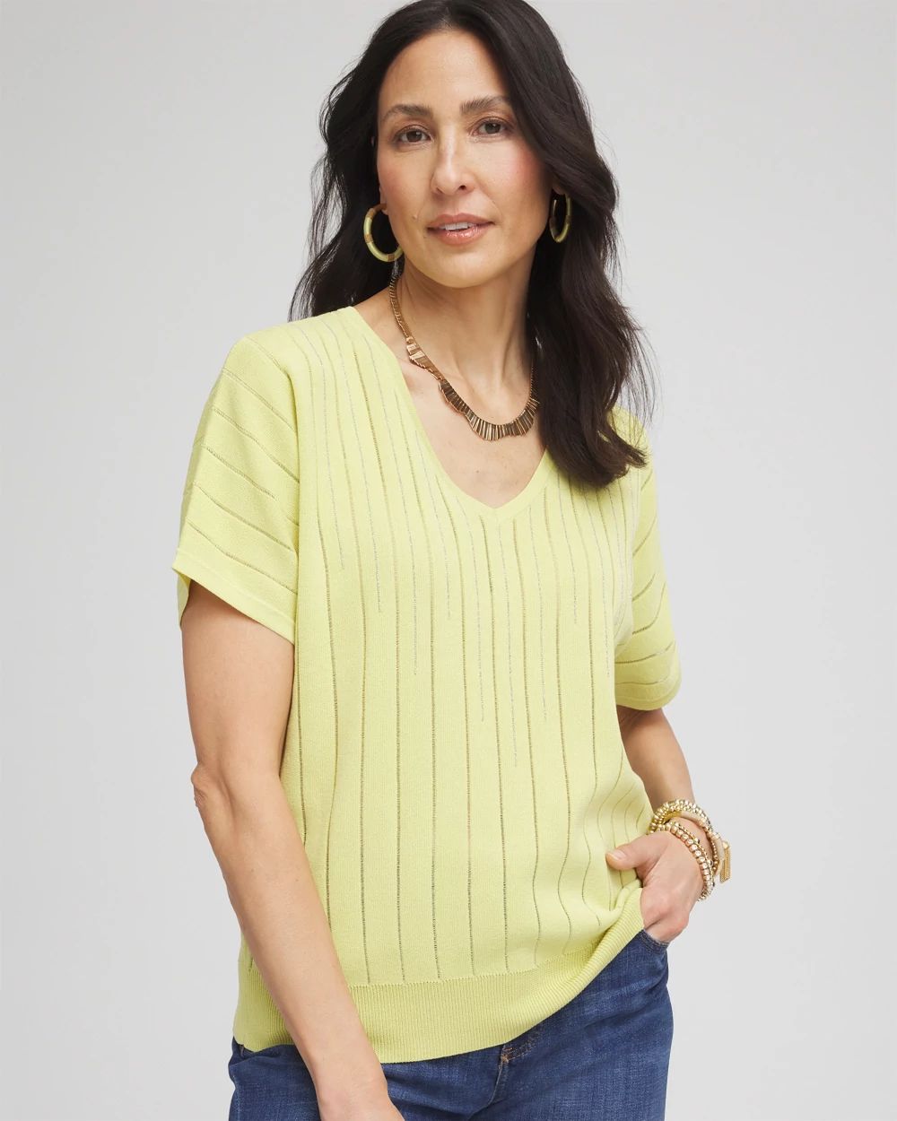 Caviar-Embellished V-Neck Pullover Sweater