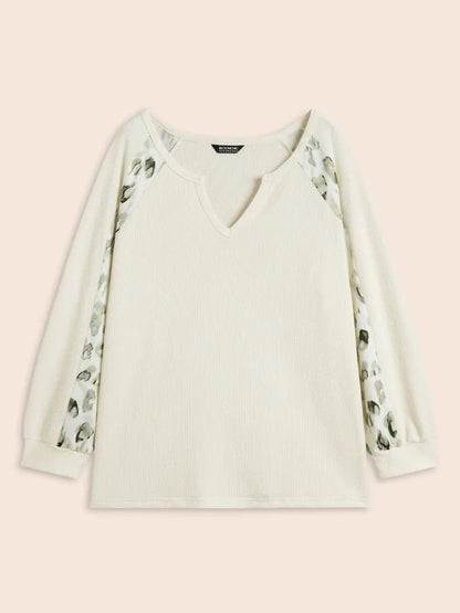 Waffle Knit Patchwork Leopard Print Sweatshirt