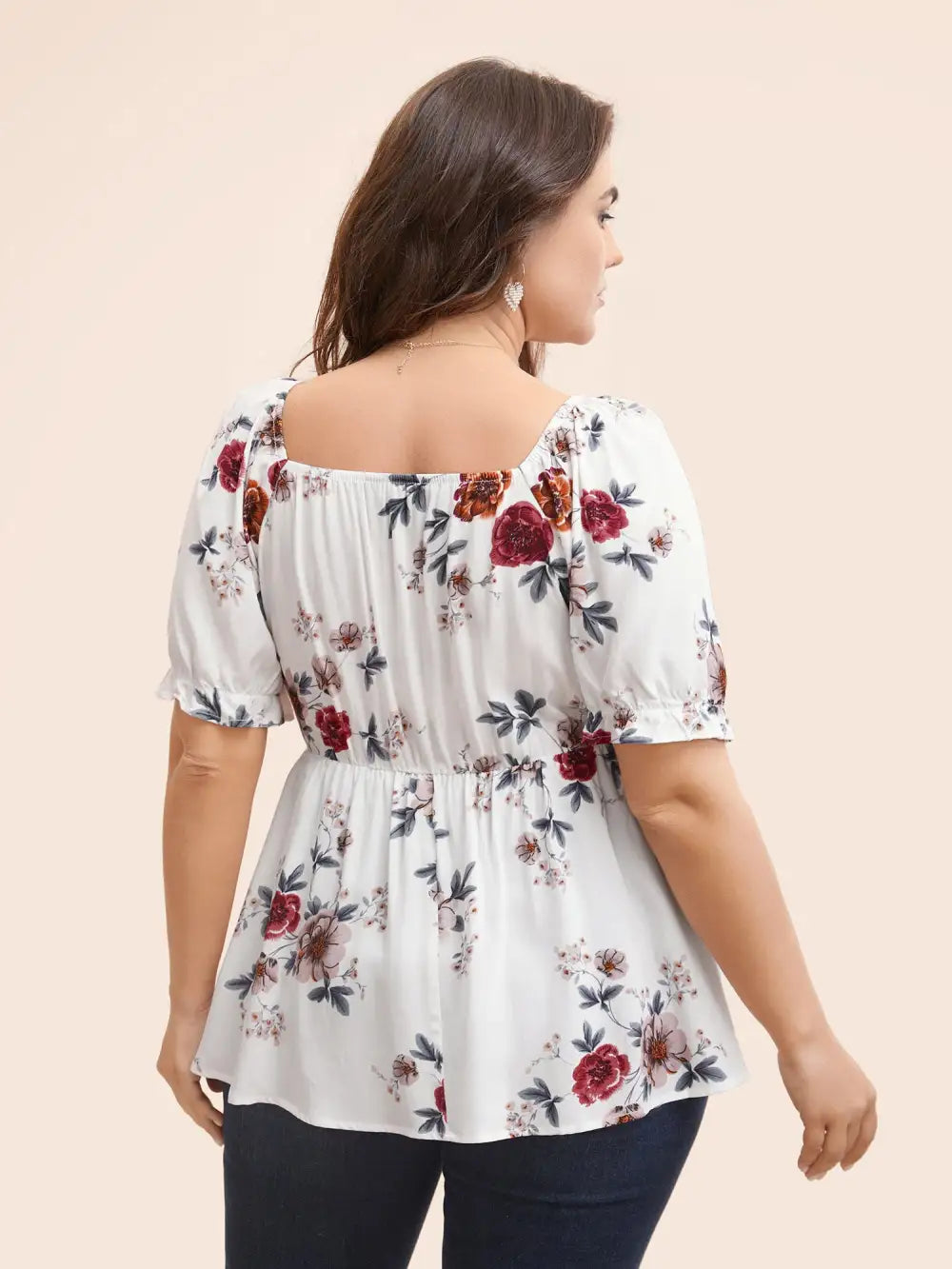 Floral Print Square Neck Gathered Puff Sleeve Blouse