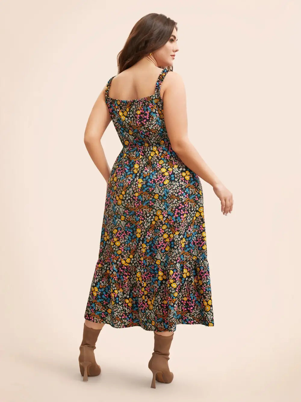 Ditsy Floral Shirred Ruffles Midi Dress