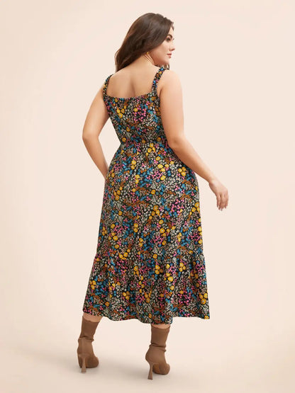 Ditsy Floral Shirred Ruffles Midi Dress