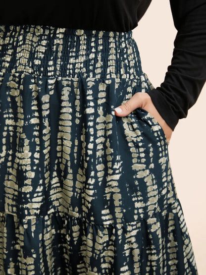 Geometric Shirred Ruffle Layered Hem Skirt