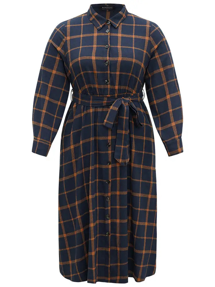 Plaid Shirt Collar Button Fly Belted Dress