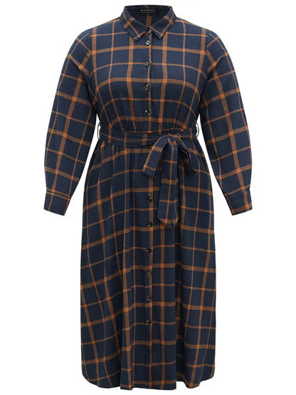 Plaid Shirt Collar Button Fly Belted Dress