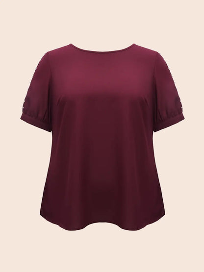Round Neck Pearl Beaded Cut Out Blouse