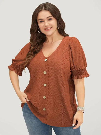 Plain Broderie Anglaise Shirred Puff Sleeve Button Detail T-shirt