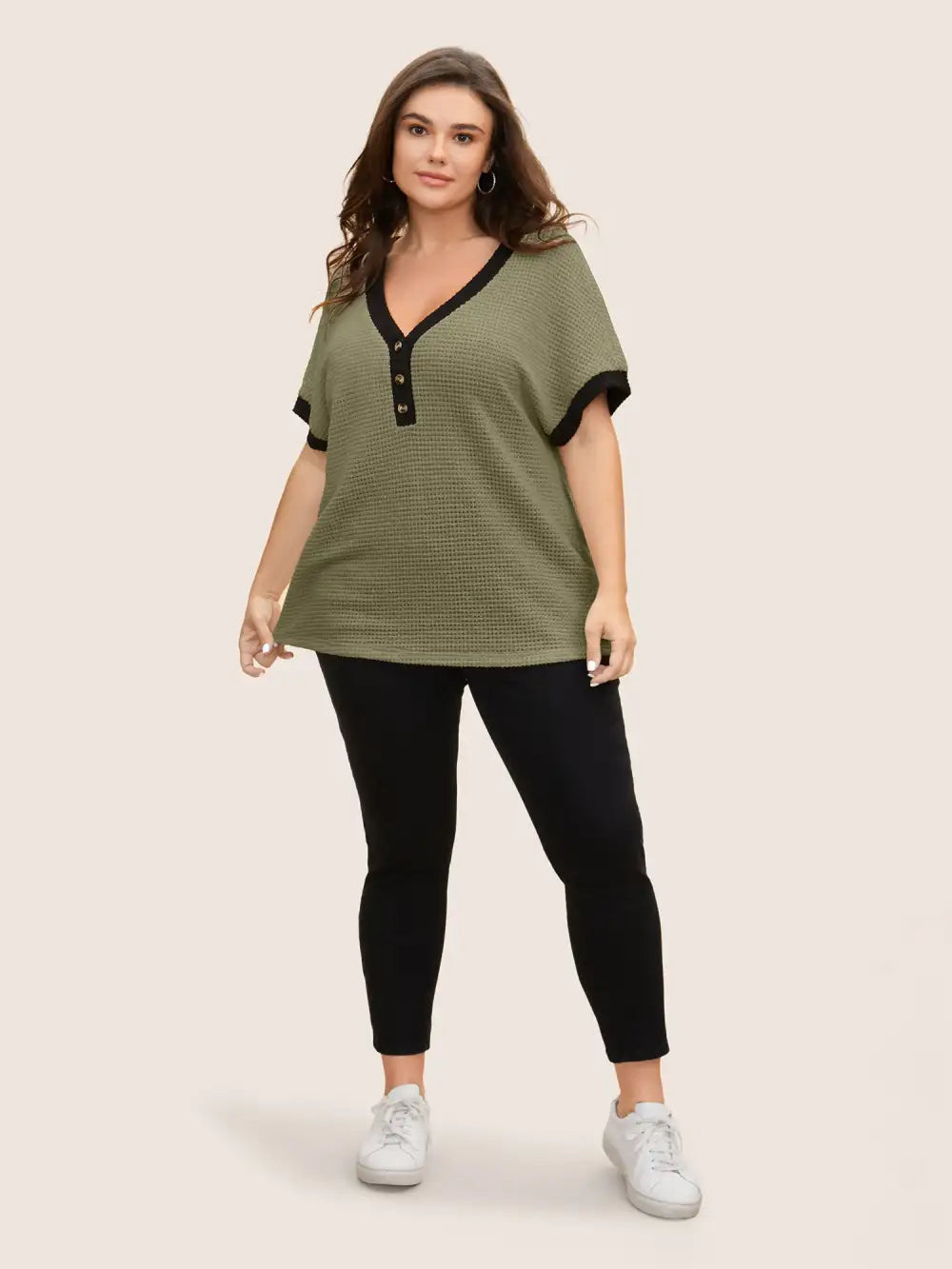 V Neck Contrast Button Detail Knit T-Shirt