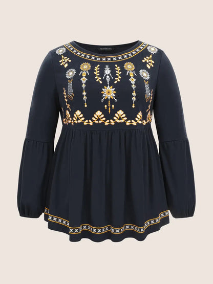 Bandana Embroidered Round Neck Lantern Sleeve T-Shirt