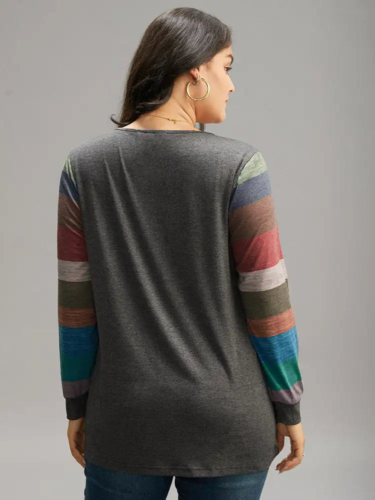 Colorblock Contrast V Neck Button Up T-Shirt