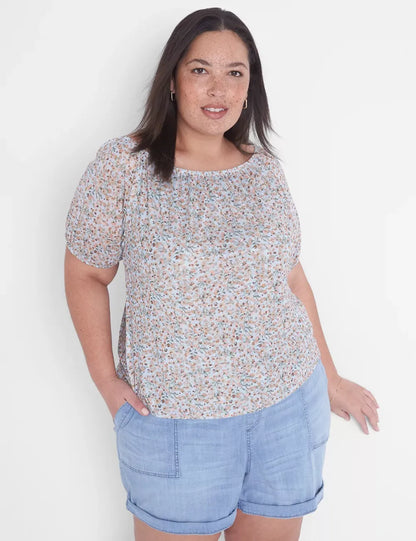 Elastic-Neck Printed Mesh Top